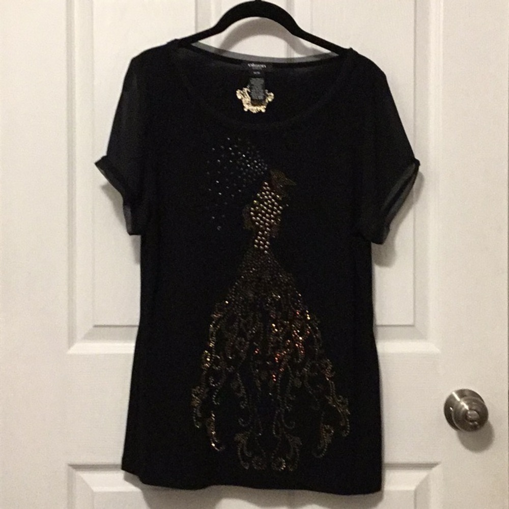 OLSEN Europe Black Crystal Peacock Embellished Blouse Sheer Sleeve M - Picture 15 of 16